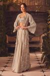 Shop_Roqa_Ivory Net, Modal, Satin Sequins, Beads Round Neck Designer Jacket Skirt Set _at_Aza_Fashions