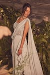 Roqa_Ivory Georgette Beads, Embroidery Round Neck Designer Saree Gown _Online_at_Aza_Fashions