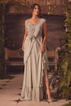 Buy_Roqa_Ivory Georgette Beads, Embroidery Round Neck Designer Saree Gown _at_Aza_Fashions