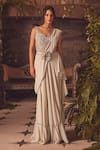 Shop_Roqa_Ivory Georgette Beads, Embroidery Round Neck Designer Saree Gown _Online_at_Aza_Fashions