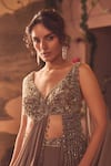 Roqa_Brown Georgette, Net Sequins, Beads Designer Pre-draped Saree And Blouse Set _Online_at_Aza_Fashions