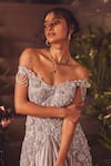 Roqa_Gray Satin Beads Off-shoulder Designer Venice Gown _Online_at_Aza_Fashions