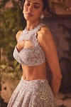Roqa_Purple Net Sequins, Embroidery, Beads Halter Neck Designer Lehenga Set _Online_at_Aza_Fashions