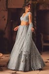 Roqa_Blue Net Beads, Sequins V-neck Designer Embroidered Lehenga Set _Online_at_Aza_Fashions