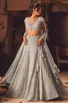 Buy_Roqa_Blue Net Beads, Sequins V-neck Designer Embroidered Lehenga Set _at_Aza_Fashions