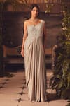 Buy_Roqa_Beige Modal, Satin Beads Sweetheart Neck Designer Sterling Saree Gown _at_Aza_Fashions