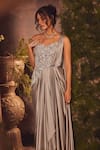 Roqa_Beige Modal, Satin Beads Sweetheart Neck Designer Sterling Saree Gown _Online_at_Aza_Fashions