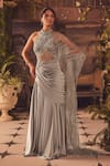 Buy_Roqa_Gray Modal, Satin, Net Beads High Neck Designer Pre-draped Saree And Blouse Set _at_Aza_Fashions