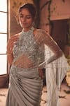 Roqa_Gray Modal, Satin, Net Beads High Neck Designer Pre-draped Saree And Blouse Set _Online_at_Aza_Fashions