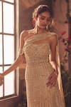 Roqa_Gold Net Beads, Sequins Asymmetric Designer Eloise Gown _Online_at_Aza_Fashions