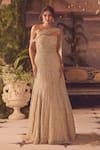 Buy_Roqa_Gold Net Beads, Sequins Asymmetric Designer Eloise Gown _at_Aza_Fashions