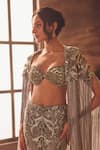 Buy_Roqa_Gray Net, Organza Beads, Sequins, Embroidery Designer Emerald Cape And Skirt Set _Online_at_Aza_Fashions