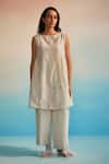 Shop_Ahmev_Ivory Chanderi, Cotton Embroidery Round Neck Hiroko Pleated Kurta And Pant Set _at_Aza_Fashions
