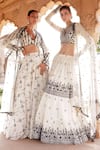 Shop_Preevin_White Cotton, Tulle, Net Embroidery, Mirrors V-neck Foliage Floral Lehenga Set _Online_at_Aza_Fashions