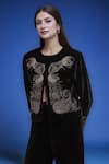 Shop_Samyukta Singhania_Black Polyester Embroidery Round Neck Velvet Jacket And Pant Set _Online_at_Aza_Fashions