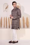 Char Chaand_Gray Satin, Silk Embroidery Designer Grey Kurta _Online_at_Aza_Fashions