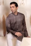 Char Chaand_Gray Satin, Silk Embroidery Designer Grey Kurta _at_Aza_Fashions