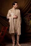 Buy_Char Chaand_Peach Linen, Silk Embroidery, Sequins Designer Sherwani Set _at_Aza_Fashions