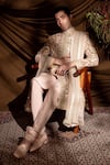 Shop_Char Chaand_Peach Linen, Silk Embroidery, Sequins Designer Sherwani Set 
