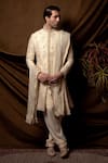Buy_Char Chaand_Beige Linen, Silk Embroidery Designer Sherwani Set _at_Aza_Fashions
