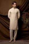Buy_Char Chaand_Beige Linen, Silk Embroidery Designer Sherwani Set _Online_at_Aza_Fashions
