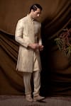 Char Chaand_Beige Linen, Silk Embroidery Designer Sherwani Set _at_Aza_Fashions