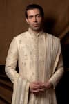Buy_Char Chaand_Beige Linen, Silk Embroidery Designer Sherwani Set 