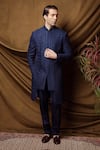 Char Chaand_Blue Silk Designer Jacquard Sherwani And Pant Set _Online_at_Aza_Fashions
