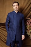 Shop_Char Chaand_Blue Silk Designer Jacquard Sherwani And Pant Set _Online_at_Aza_Fashions