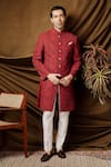 Char Chaand_Wine Jacquard Designer Sherwani _at_Aza_Fashions