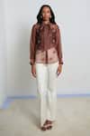 Buy_Shimona_Brown Silk Organza Embroidery Collared Shirt _Online_at_Aza_Fashions