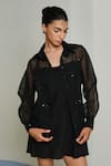 Buy_Shimona_Black Silk Organza Sequins Collared Sea Weed Shirt _at_Aza_Fashions