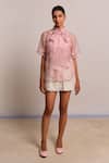 Shop_Shimona_Pink Silk Organza Embroidery Collared Sea Shell Shirt _Online_at_Aza_Fashions