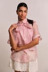 Shimona_Pink Silk Organza Embroidery Collared Sea Shell Shirt _at_Aza_Fashions