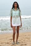 Shop_Shimona_Green Silk Organza Embroidery Collared Star Fish Shirt _at_Aza_Fashions
