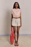 Shimona_Peach Cotton, Silk Embroidery Round Neck Mother Of Pearl Frill Top _Online_at_Aza_Fashions