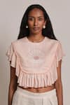 Shop_Shimona_Peach Cotton, Silk Embroidery Round Neck Mother Of Pearl Frill Top _Online_at_Aza_Fashions