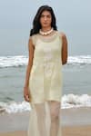 Shimona_Yellow Silk Organza Embroidery Round Neck Dress _at_Aza_Fashions