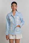 Buy_Shimona_Blue Linen Embroidery Collared Azure Sea Folk Shirt _at_Aza_Fashions