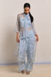 Buy_Shimona_Blue Silk Organza, Cotton Embroidery Collared Azure Designer Kurta Pant Set _at_Aza_Fashions