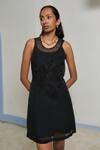 Buy_Shimona_Black Silk Organza Embroidery Round Neck Bloom Dress _at_Aza_Fashions