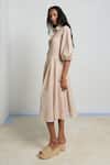 Shimona_Beige Linen Collared Sand Theatre Dress _Online_at_Aza_Fashions