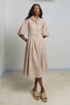 Buy_Shimona_Beige Linen Collared Sand Theatre Dress _at_Aza_Fashions