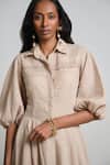 Shimona_Beige Linen Collared Sand Theatre Dress _at_Aza_Fashions