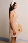 Shimona_Beige Linen Embroidery Round Neck Sand Mini Dress _Online_at_Aza_Fashions