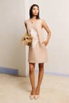 Shimona_Beige Linen Embroidery Round Neck Sand Mini Dress _at_Aza_Fashions