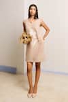 Buy_Shimona_Beige Linen Embroidery Round Neck Sand Mini Dress _at_Aza_Fashions