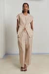 Buy_Shimona_Beige Linen Embroidery Round Neck Top And Pant Set _at_Aza_Fashions