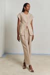 Shop_Shimona_Beige Linen Embroidery Round Neck Top And Pant Set _at_Aza_Fashions