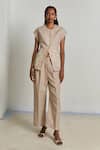 Shimona_Beige Linen Embroidery Round Neck Top And Pant Set _Online_at_Aza_Fashions